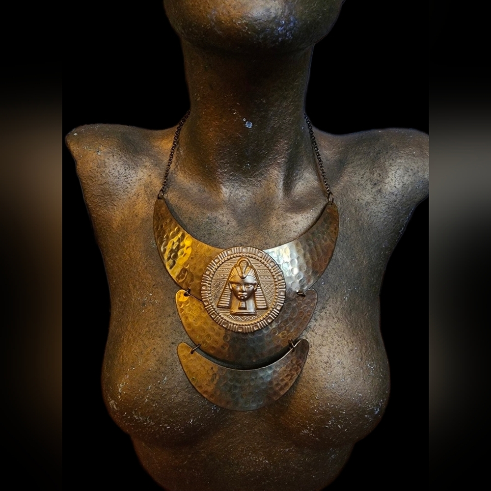 Vintage Bold Hammered Brass Pharaoh Shield Necklace